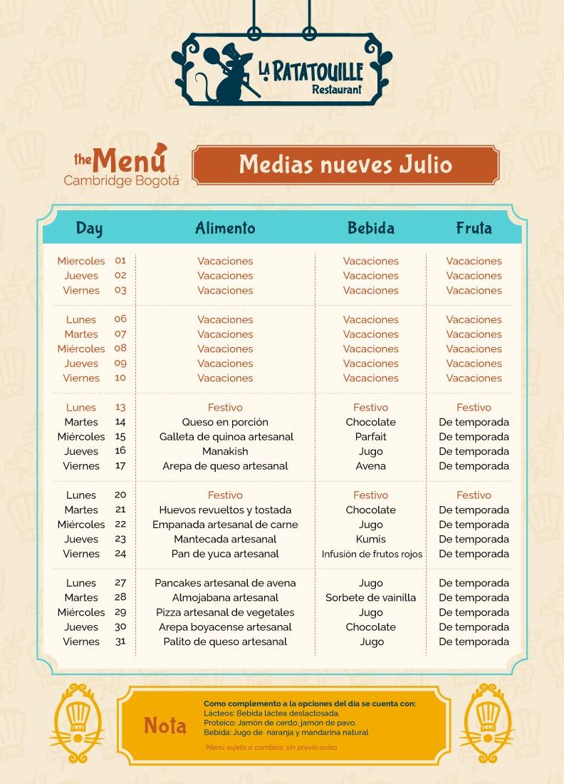 Menu restaurante julio 2026